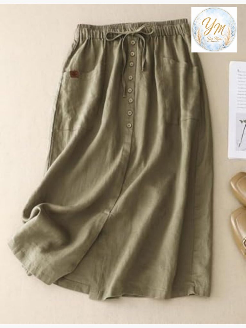 Cotton Linen A-Line Midi Skirt with Pockets High Elastic Waist Slit - Picture 2 of 5